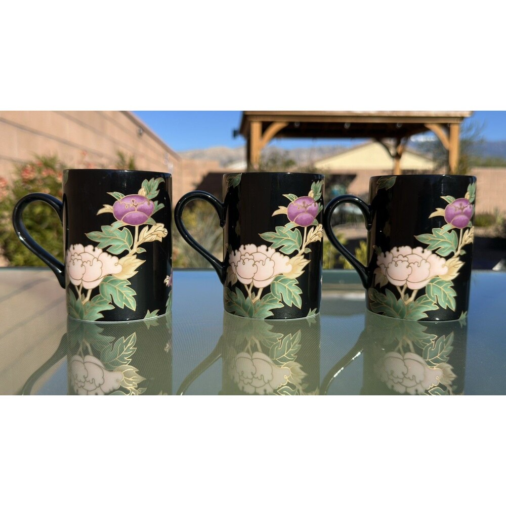 3 Fitz and Floyd Cloisonne Peony Mug Black Pink Gold Floral Print Vintage 10 Oz